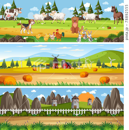 Outdoor panorama landscape scene set with cartoon character 78892555