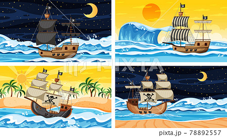 Set of Ocean with Pirate ship at different times scenes in cartoon style Set of Ocean with Pirate ship at different times scenes in cartoon style 78892557