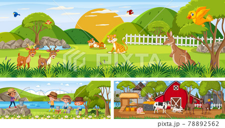 Outdoor panoramic landscape scenes set with cartoon character 78892562