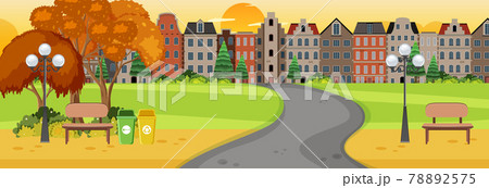 Horizontal scene at sunset time with long road through the park into the town Horizontal scene at sunset time with long road through the park into the town 78892575