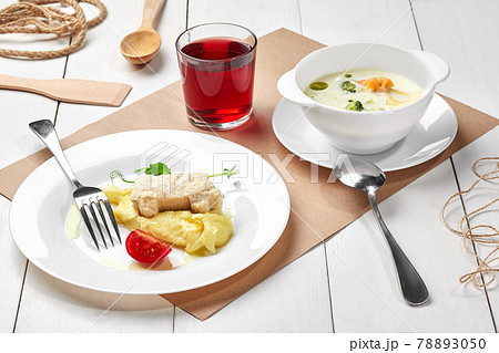 Creamy broccoli soup, mashed potatoes with car shaped chicken patty, berry drink Creamy broccoli soup, mashed potatoes with car shaped chicken patty, berry drink 78893050