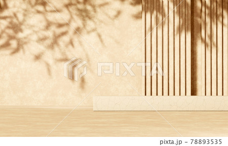 3D beige concrete podium display with lights and plants shadows 78893535