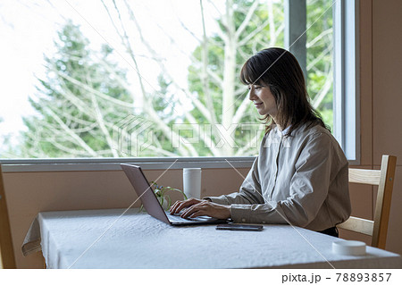 森のカフェでテレワークする女性 森のカフェでテレワークする女性 78893857