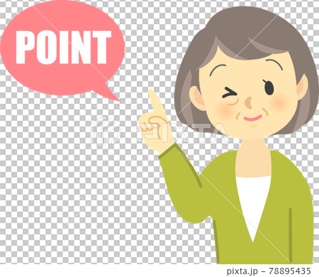 Illustration material: A scene where a cute grandmother winks and explains the points with a balloon while raising her index finger. 78895435