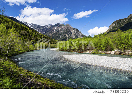 春の上高地 梓川岸より明神岳方面を望む 春の上高地 梓川岸より明神岳方面を望む 78896230