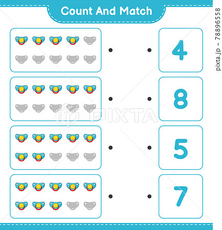 Count and match, count the number of Pacifier and match with the right numbers. Educational children game, printable worksheet, vector illustration 78896558