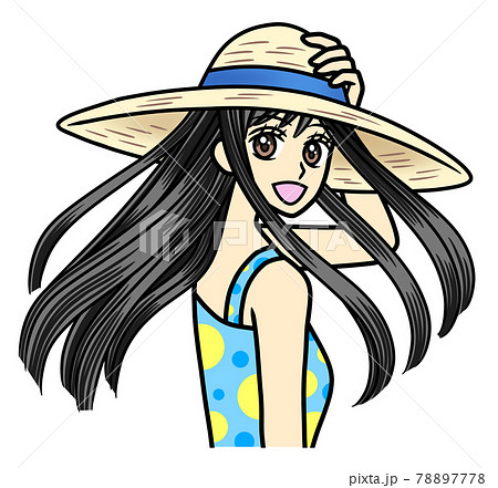 振り向く 麦わら帽子をかぶったロングヘアーの若い女性のイラスト素材