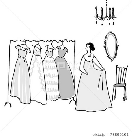 ウエディングドレスを試着している女性 ドレスショップのイラスト素材