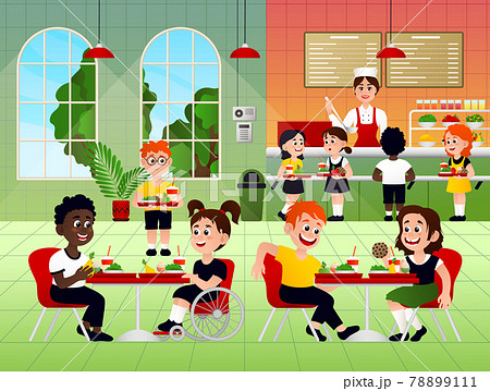 Children eat in canteen stock vector. Illustration of sitting - 221385956