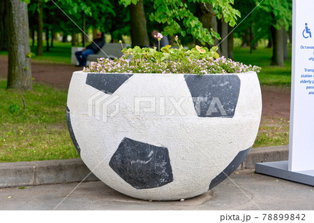 A large stone flowerbed in the form of a soccer ball with flowers 78899842