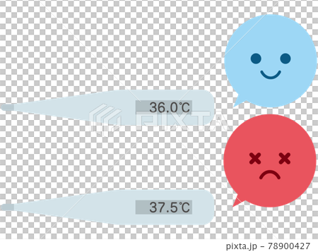 36.0 ℃ 和 37.5 ℃ 溫度計和可愛氣球臉圖標的插圖 78900427