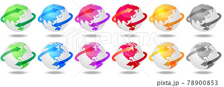 カラフルな日本とアメリカ中心の地球白背景セットのイラスト素材