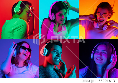 Portraits of group of people on multicolored background in neon light, collage. Portraits of group of people on multicolored background in neon light, collage. 78901813