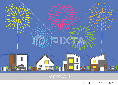 花火が上がっている郊外の住宅街をイメージした街並みのイラスト素材のイラスト素材 7011