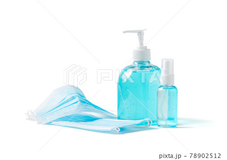 surgical mask with hand sanitizer and alcohol spray isolated on white background, 78902512