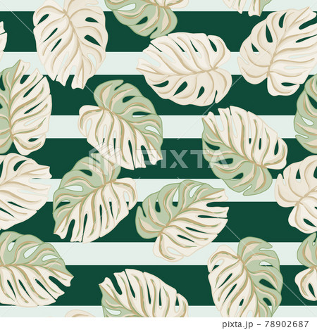 Foliage tropical seamless pattern with random monstera leaf shapes. Blue and green striped background. Foliage tropical seamless pattern with random monstera leaf shapes. Blue and green striped background. 78902687