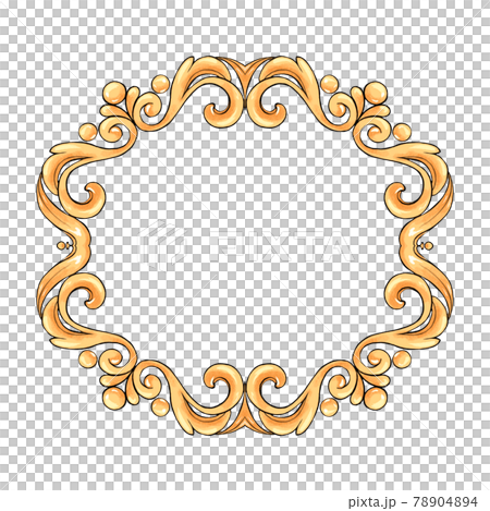 Decorative gold frame with scrolls. Hand drawn elements for design 78904894