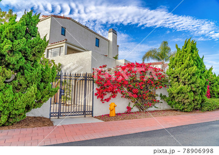 Plants and flowers against fence of house with iron gate in Huntington Beach CA 78906998
