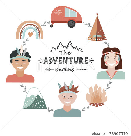 Kids camping concept in tribal style, adventure frame with The Adventure Begins lettering. Recreation and outdoor travel background, vector illustration Kids camping concept in tribal style, adventure frame with The Adventure Begins lettering. Recreation and outdoor travel background, vector illustration 78907550