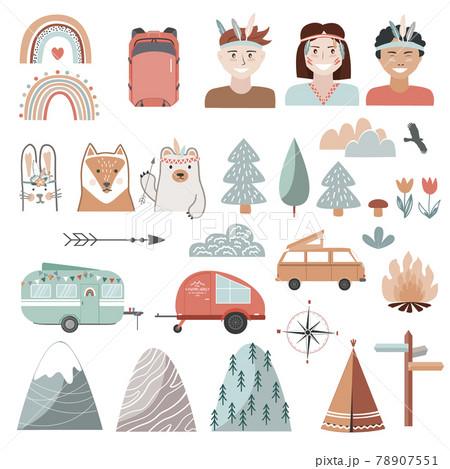 Set of summer, camping equipment, landscape elements, and kids dressed in tribal style. Trailers, trees, and animals in Scandinavian style. Cartoon flat illustration Set of summer, camping equipment, landscape elements, and kids dressed in tribal style. Trailers, trees, and animals in Scandinavian style. Cartoon flat illustration 78907551
