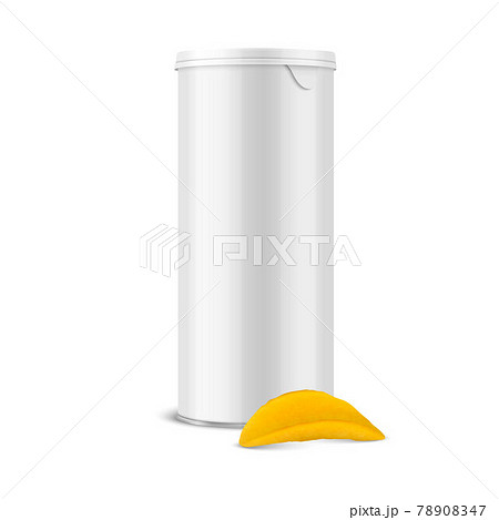Vector 3d Realistic Blank White Glossy Metal Tin Can, Canned Food, Potato Chips Packaging with Lid and Realistic Textured Chips Isolated On White Background. Design Template, Mockup. Front View 78908347