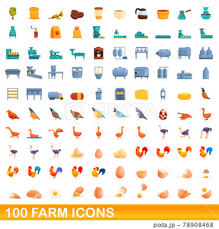 100 Farm Icons Set Cartoon Styleのイラスト素材