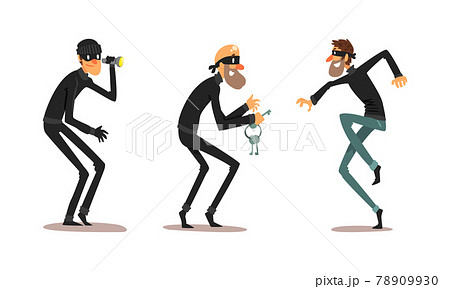 Robber Characters Set, Male Burglars Dressed Black Clothing in Masks Committing Crime Cartoon Vector Illustration 78909930