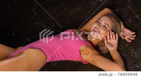 Wet woman face with water drop. Moisturizing. 78909948