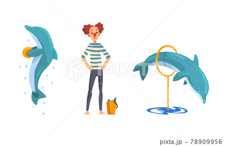Clown Training Dolphins in Dolphinarium or Oceanarium Cartoon Vector Illustration 78909956