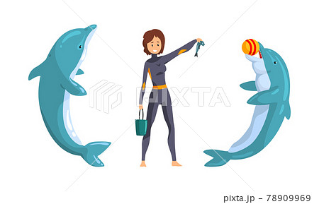 Dolphinarium Trainer Feeding Dolphin with Fish, Dolphinarium or Oceanarium Concept Cartoon Vector Illustration 78909969