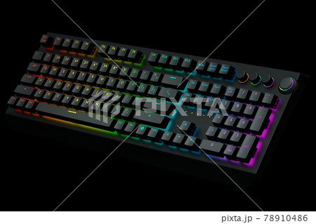 Computer keyboard with rgb colors isolated on black background. Computer keyboard with rgb colors isolated on black background. 78910486