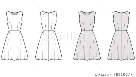 Dress flared skater technical fashion illustration with sleeveless, fitted body, knee length semi-circular skirt. Flat Dress flared skater technical fashion illustration with sleeveless, fitted body, knee length semi-circular skirt. Flat 78910677