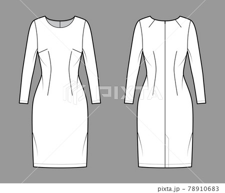 Dress sheath technical fashion illustration with long sleeves, fitted body, knee length pencil skirt. Flat apparel front 78910683