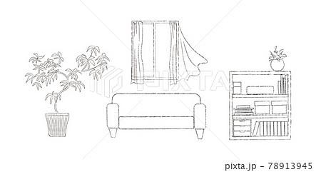 ソファーのある部屋のイラスト モノクロドローイングのイラスト素材