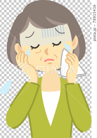 イラスト素材 おばあさんが携帯電話で会話中に悲しい出来事があり涙をハンカチで拭う場面 のイラスト素材