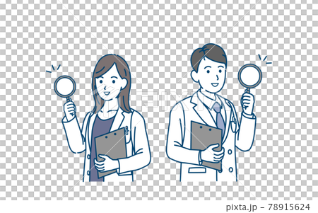 男人和女人在白色外套與放大鏡醫生科學家研究人員檢查插圖素材 男人和女人在白色外套與放大鏡醫生科學家研究人員檢查插圖素材 78915624