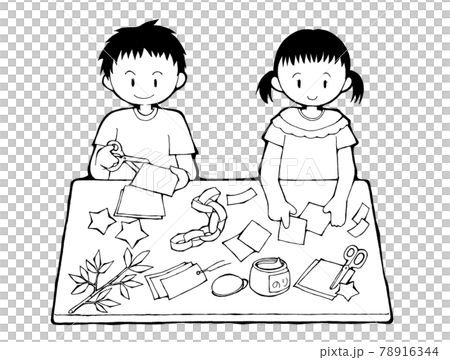 七夕飾りを作る男の子と女の子のイラスト素材