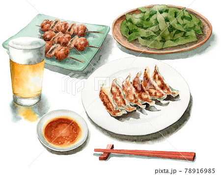 アナログ水彩グラスビール焼餃子焼き鳥枝豆 アナログ水彩グラスビール焼餃子焼き鳥枝豆 78916985