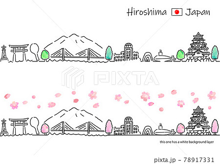 春の広島の街並みのシンプル線画セット 78917331