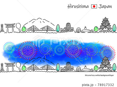 広島の街並みと花火のシンプル線画セット 78917332