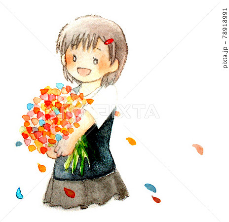 花束を持つ女の子の水彩イラストのイラスト素材 7191