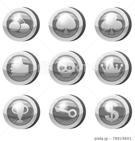 Set of Silver Coins for game apps. Grey icons, card suits, crown, scull, key, goblet, symbols game UI, gaming gambling. Vector illustration 78919601