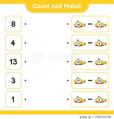 Count and match, count the number of Submarine and match with the right numbers. Educational children game, printable worksheet, vector illustration 78920206