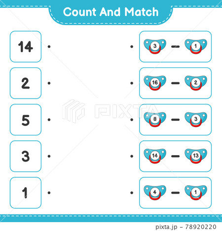 Count and match, count the number of Pacifier and match with the right numbers. Educational children game, printable worksheet, vector illustration Count and match, count the number of Pacifier and match with the right numbers. Educational children game, printable worksheet, vector illustration 78920220