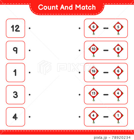 Count and match, count the number of Kite and match with the right numbers. Educational children game, printable worksheet, vector illustration 78920234