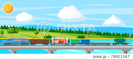 Train with Cargo Wagons, Cisterns, Tanks and Cars. Train with Cargo Wagons, Cisterns, Tanks and Cars. 78921567