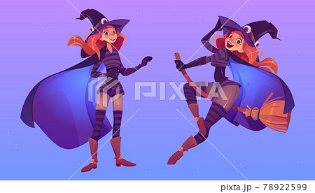 Witch flying on broom, beautiful redhead woman 78922599