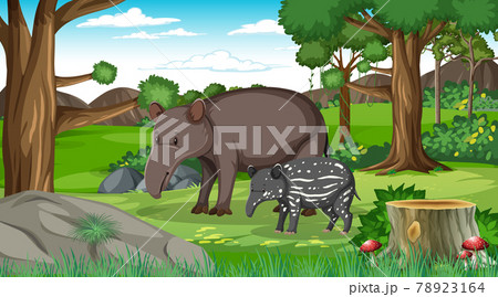 An adult aardvark and baby in forest scene with many trees 78923164