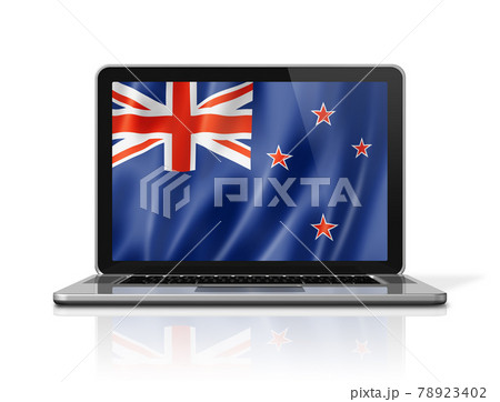 New Zealand flag on laptop screen isolated on white. 3D illustration New Zealand flag on laptop screen isolated on white. 3D illustration 78923402