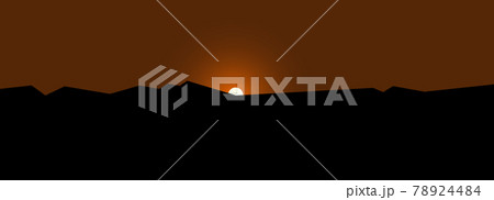 Mountains sunset wallpaper, sun behind horizon vector picture. Twilight natural landscape, wide horizontal BG, desert sunrise. Muffled color background vector illustration 78924484